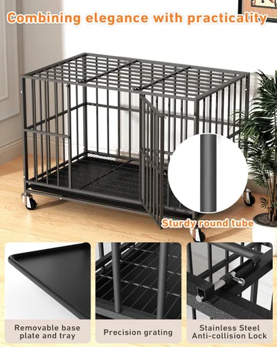 Miniatura 2 de Jaula para perros resistente de 38 pulgadas con puertas dobles y ruedas con cerradura, perrera grande para interiores, bandeja extraíble para una
