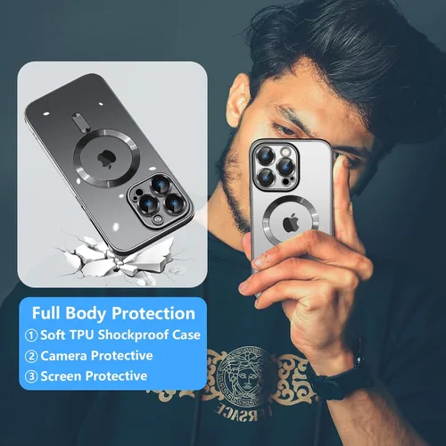 Miniatura 6 de Magsafe - Funda magnética transparente para iPhone 14 Pro con protector de pantalla y funda para cámara, galvanizada transparente para Negro