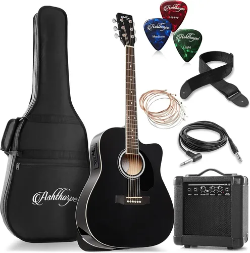 Ashthorpe Paquete de guitarra eléctrica acústica Dreadnought Cutaway de tamaño completo con amplificador de 10 W, color negro