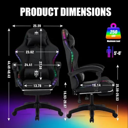 Miniatura 3 de Silla de juegos RGB con reposapiés, silla de juegos de computadora con luces LED para adultos, silla reclinable con reposacabezas ajustable, soporte
