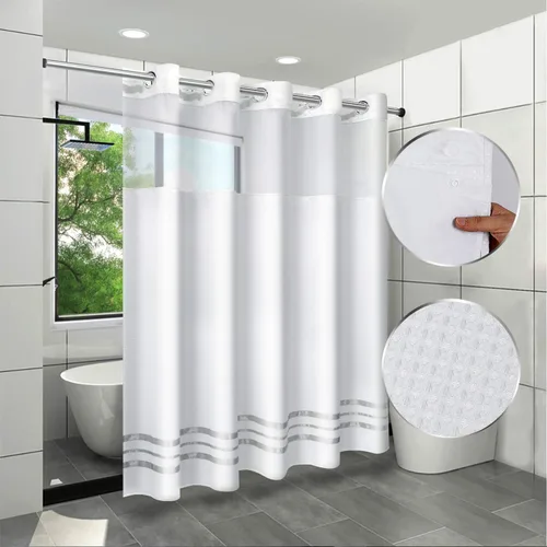 ARICHOMY Cortina de ducha con tejido de gofre, 250 GSM, peso pesado con gancho a presión y ventana transparente, cortina de baño de tela de Blanco
