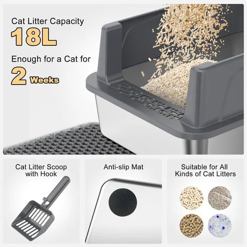 Miniatura 7 de FURTIME Caja de arena para gatos de acero inoxidable, caja de arena de metal de alta cara fácil de limpiar, bandeja de arena abierta para gatos