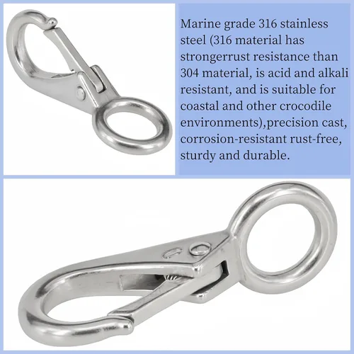 Miniatura 2 de Stainless Steel 316 Spring Snap Hook – Fixed Eye Clip for Boat, Flag Pole, Keychain, Car Keys Rustproof Snap Shackle with High-Strength Locking
