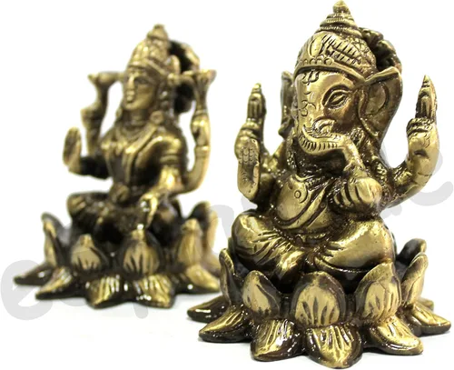 Miniatura 7 de eSplanade Set de ídolo Laxmi Ganesh de latón de 3" en loto