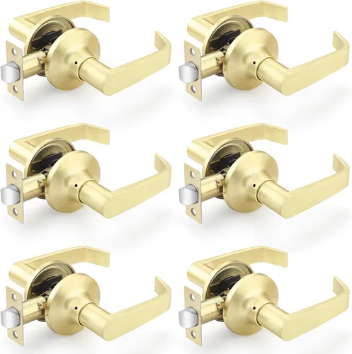 Paquete de 6 manijas de puerta de paso para pasillo o armario, manijas interiores de latón satinado sin llaves, manijas de puerta interiores doradas