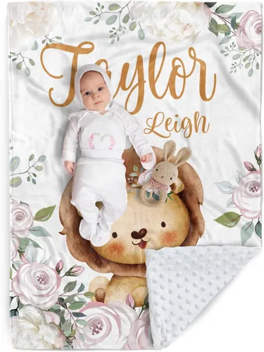 Miniatura 28 de Manta de bebé personalizada, manta de felpa suave con respaldo de puntos de doble capa para niños y niñas, nombre personalizado con diseño de animal