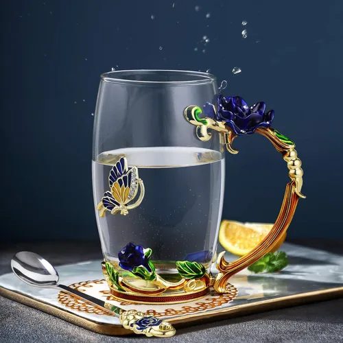 Miniatura 7 de WD&CD Tazas de café y té de vidrio con mariposas y rosas, con cuchara y posavasos, regalos para su novia, esposa, madre, mujeres en el día de San