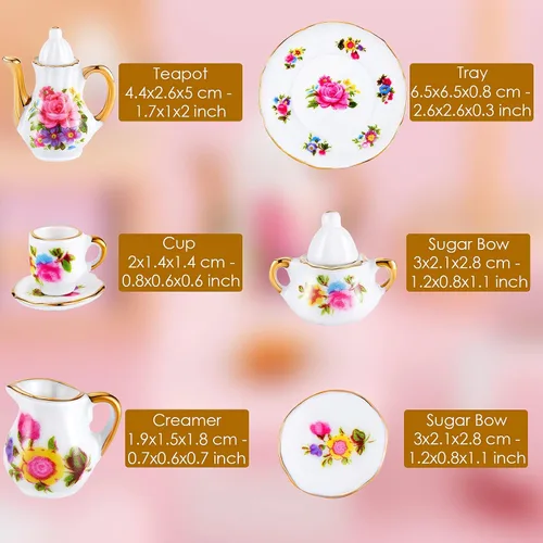 Miniatura 6 de Skylety Juego de tazas de té para casa de muñecas 1:12, accesorios de porcelana en miniatura, 8 piezas de porcelana en miniatura, diseño de flores