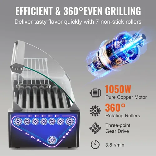 Miniatura 5 de VEVOR - Parrilla de rodillos para hot dogs y salchichas, de acero inoxidable, 1050 W, control doble de temperatura, tapa acrílica, bandeja