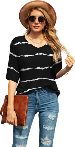 Miniatura 2 de SUEANI - Camiseta de cuello en V para mujer, diseño holgado con manga 34 acampanada