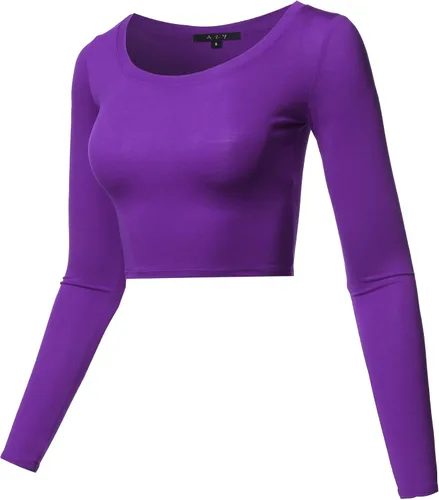 Miniatura 2 de Camiseta elástica en color liso de manga larga, con cuello redondo, para mujer