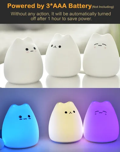 Miniatura 6 de Luz nocturna LED para gatos, luz nocturna alimentada por pilas para niños, bonita lámpara multicolor de silicona con blanco cálido y modo
