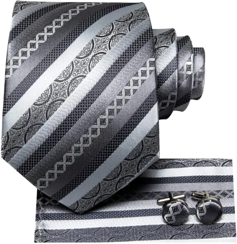 Miniatura 112 de Hi-Tie Corbatas de seda para hombre, diseño de cachemira a rayas, con bolsillo, gemelos cuadrados, conjunto formal de negocios