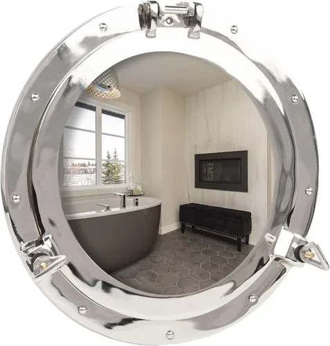 Espejo de ojo de buey – Acabado blanco níquel plateado de 10 pulgadas | Decoración náutica de pared para baño y dormitorio | Decoración antigua de
