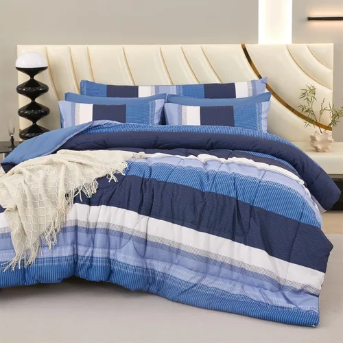 Miniatura 12 de RYNGHIPY Juego de edredón de tamaño matrimonial, color beige y gris, a rayas, para hombres y niños, juego de ropa de cama suave para todas