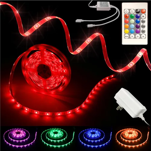 Tira de luces LED, tira de luz RGB de 16.4 pies con control remoto y fuente de alimentación, revestimiento de poliuretano, adaptador ETL de 12 V CC,