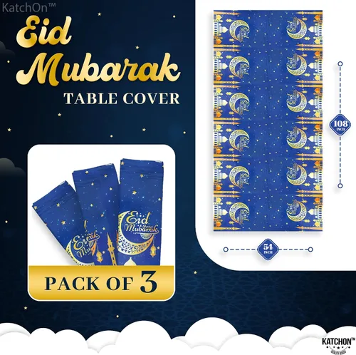 Miniatura 2 de KatchOn, Blue Eid Mubarak Mantel de 108 x 54 pulgadas, paquete de 3 manteles de Eid Mubarak para decoraciones de Eid para el hogar Decoraciones