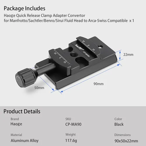 Miniatura 9 de Haoge CP-MA90 Adaptador de abrazadera QR de placa de liberación rápida para cabezal de video líquido Manfrotto para trípode seleccionado a