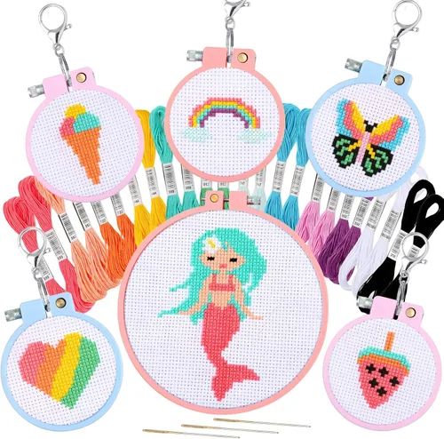 Pllieay 6 kits de punto de cruz para principiantes para niños de 7 a 13 años, kit de bordado para niños, kit de punto de aguja, kit de manualidades