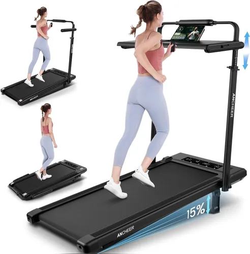 Miniatura 10 de ANCHEER Cinta de correr con inclinación del 12%/15% de 3.5HP, máquina plegable para debajo del escritorio con barra de mano, capacidad de 320-450lb