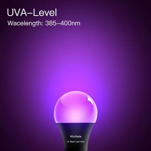 Miniatura 3 de Paquete de 2 bombillas LED negras, A19 de 9 W, luz negra UV que reemplaza hasta 100 W, 120 V, base E26, nivel UVA 385-400 nm, brilla en la oscuridad
