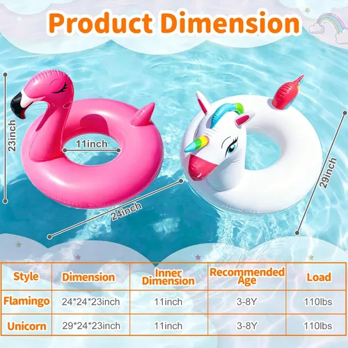Miniatura 6 de Paquete de 2 flotadores inflables de flamenco y unicornio para niños de 3 a 8 años, flotadores divertidos, balsas, tubos de piscina, decoraciones