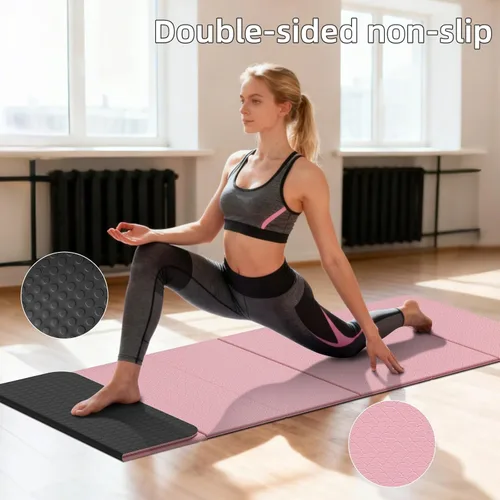 Miniatura 3 de Tapete de yoga plegable de 0.39 pulgadas de grosor, extra grande, material TPE, antideslizante, fácil de llevar, adecuado para entrenamiento en Rosa
