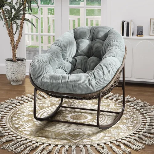 Miniatura 13 de Mecedora de gran tamaño para interiores, cómoda silla mecedora de pana con cojín grueso y marco, silla mecedora grande de mimbre para sala de estar