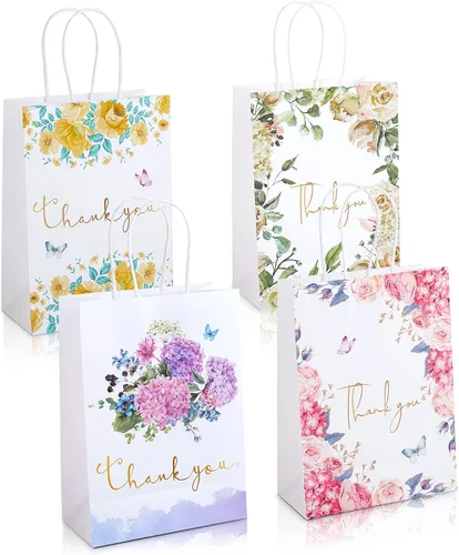 Kesote Bolsas pequeñas de regalo de agradecimiento, paquete de 12 bolsas de agradecimiento con diseño floral con asas, 8.6 x 6.2 x 3 pulgadas,
