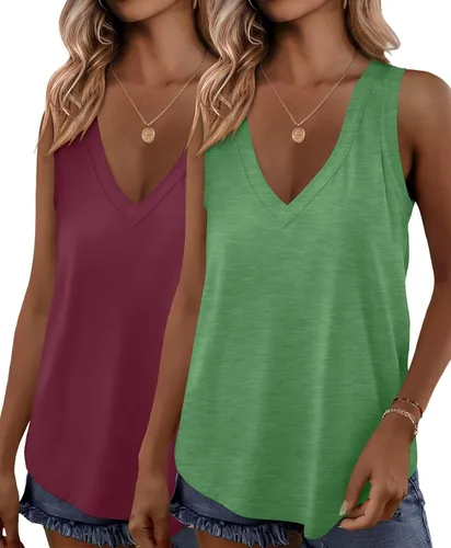 Miniatura 13 de KKJ Paquete de 2 camisetas sin mangas para mujer, cuello en V, camisetas de verano sin mangas, ajuste holgado, casual, trajes de vacaciones, camisas
