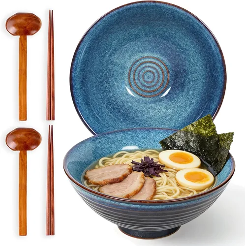 Juego de cuencos de cerámica japonesa de ramen con palillos, cuencos Pho de 8 pulgadas y 40 onzas y tazón de sopa asiático y cucharas para fideos