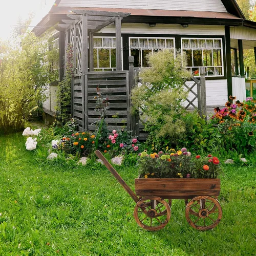Miniatura 5 de Notume Maceta de Flores Rústica de Madera para Jardín, Jardineras Carreta para Decoración Interior Exterior Patio Trasero Balcón, para Decoración