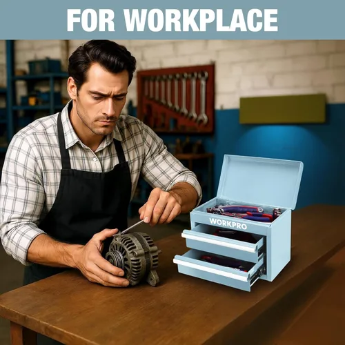 Miniatura 6 de WORKPRO Caja de herramientas mini de metal, cajonera superior con dos cajones con guías de rodamiento de bolas, forros de PVC para cajones y Azul