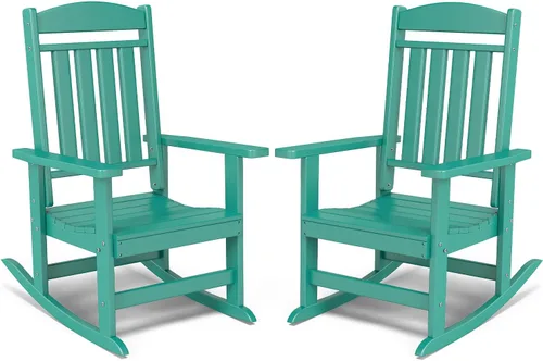 Miniatura 17 de FOOWIN Juego de sillas mecedoras de patio de 2 piezas, mecedora de porche con respaldo alto de HDPE, mecedora de porche de madera de polietileno