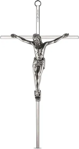 Miniatura 9 de ACHIBANG Crucifijo de metal de 10 pulgadas - Cruz de Jesús de plata católica moderna para decoración de pared, símbolo cristiano de fe plata