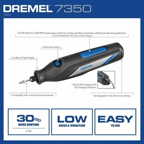 Miniatura 4 de Dremel 7350 Kit de herramientas rotativas inalámbricas de 4 V con 5 accesorios y batería recargable USB-C, velocidad única para tallar, grabar