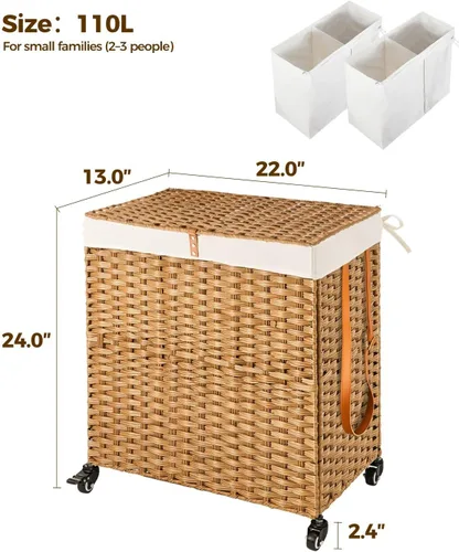 Miniatura 77 de GREENSTELL Cesta para ropa sucia con ruedas y tapa, 130 L, cesta grande de 3 secciones con 2 tipos de bolsas de forro extraíbles, 5 bolsas de malla