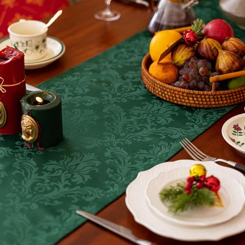 Miniatura 3 de Joyfol Day Camino de mesa de Navidad verde de jacquard, camino de mesa floral damasquino impermeable para fiesta de invierno de Navidad, decoración
