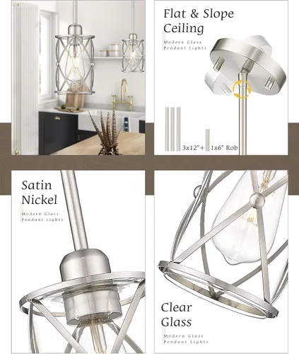 Miniatura 2 de Luces Colgantes de Níquel Cepillado para Isla de Cocina Paquete de 3, Iluminación Colgante de Vidrio para Cocina sobre Isla con Varilla, Moderna