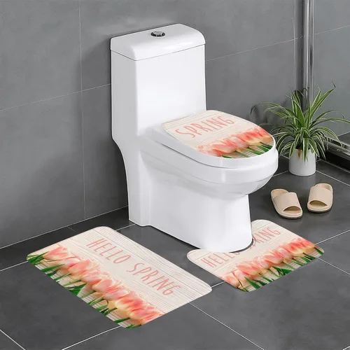 Juego de 3 alfombras de baño con diseño de tulipanes rosados con fondo de madera, antideslizantes, con patrón de resorte, extra suaves y absorbentes