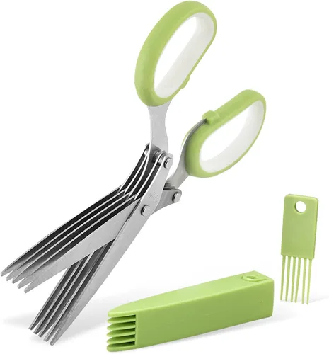 Juego de tijeras gourmet para hierbas multiusos con 5 cuchillas de acero inoxidable, pelador de hierbas, peine de limpieza de cubierta de seguridad