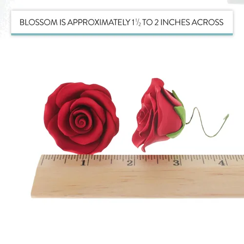 Miniatura 3 de Rosas de azúcar (12 unidades, grandes de 2 pulgadas) – Flores de goma de mascar con alambre con cáliz, rosas rojas para decoración de pasteles, por