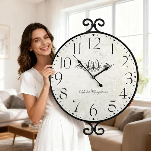 Miniatura 12 de Reloj de pared de 30 pulgadas para sala de estar, reloj de pared de granja extragrande, marco de hierro forjado con acabado dorado retro, relojes