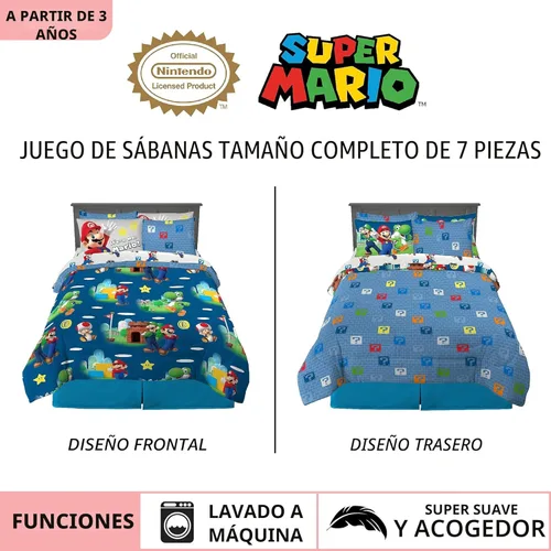 Miniatura 3 de Franco - Juego de ropa de cama para niños supersuave, edredón y juego de sábanas con funda de almohada, 7 piezas, tamaño matrimonial, Mario