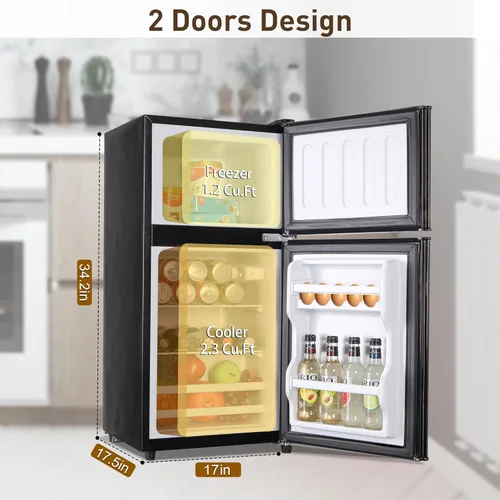 Miniatura 3 de Mini refrigerador con congelador, 3.5 pies cúbicos. Refrigerador pequeño con congelador de 2 puertas con termostato ajustable de 7 niveles estantes