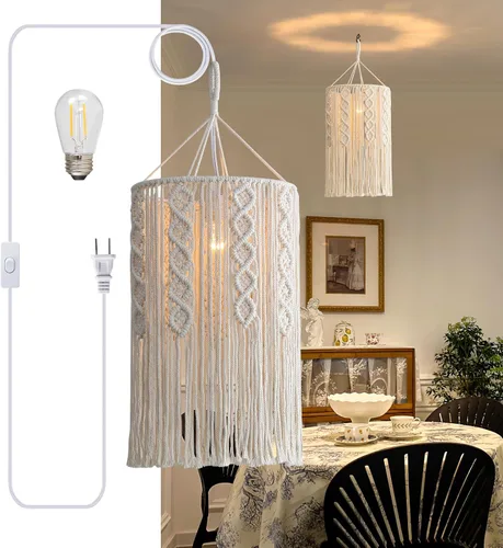 Miniatura 10 de Bioaqua Pantalla de Lámpara Boho, Lámpara Colgante Boho Hecha a Mano Pantalla de Lámpara de Macramé con Enchufe Luz Colgante, Luces Colgantes Type3