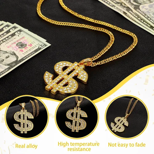 Miniatura 4 de Yinkin Collar de cadena de oro con colgante de signo de dólar para hombres, collar de rapero hip hop