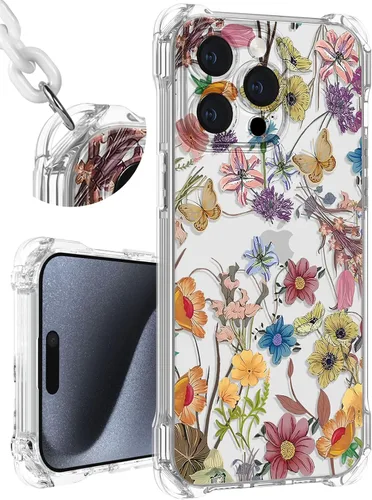 Toycamp Funda para iPhone 13 Pro con Correa para Mujeres - Diseño Lindo y Divertido para Niñas con Patrón de Mariposas y Flores para iPhone 13 Pro