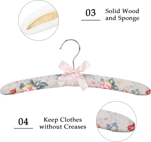 Miniatura 5 de NEOVIVA Perchas acolchadas para ropa de mujer, perchas acolchadas con estampado floral para mujer, sin ganchos de hombro para adultos, perchas