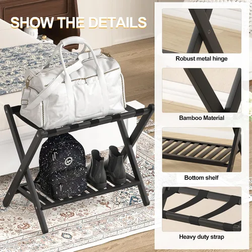 Miniatura 3 de Portaequipajes plegable con estante de almacenamiento para habitación de invitados Hotel Essentials de bambú sólido resistente soporte